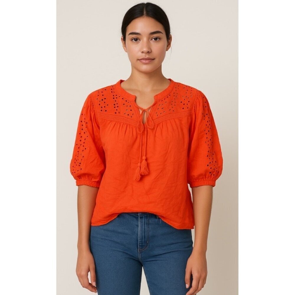 RAIN Women's Orange Eyelet Peasant 3/4 Blouse XL Boho Tassel Tie Top NWT Summer